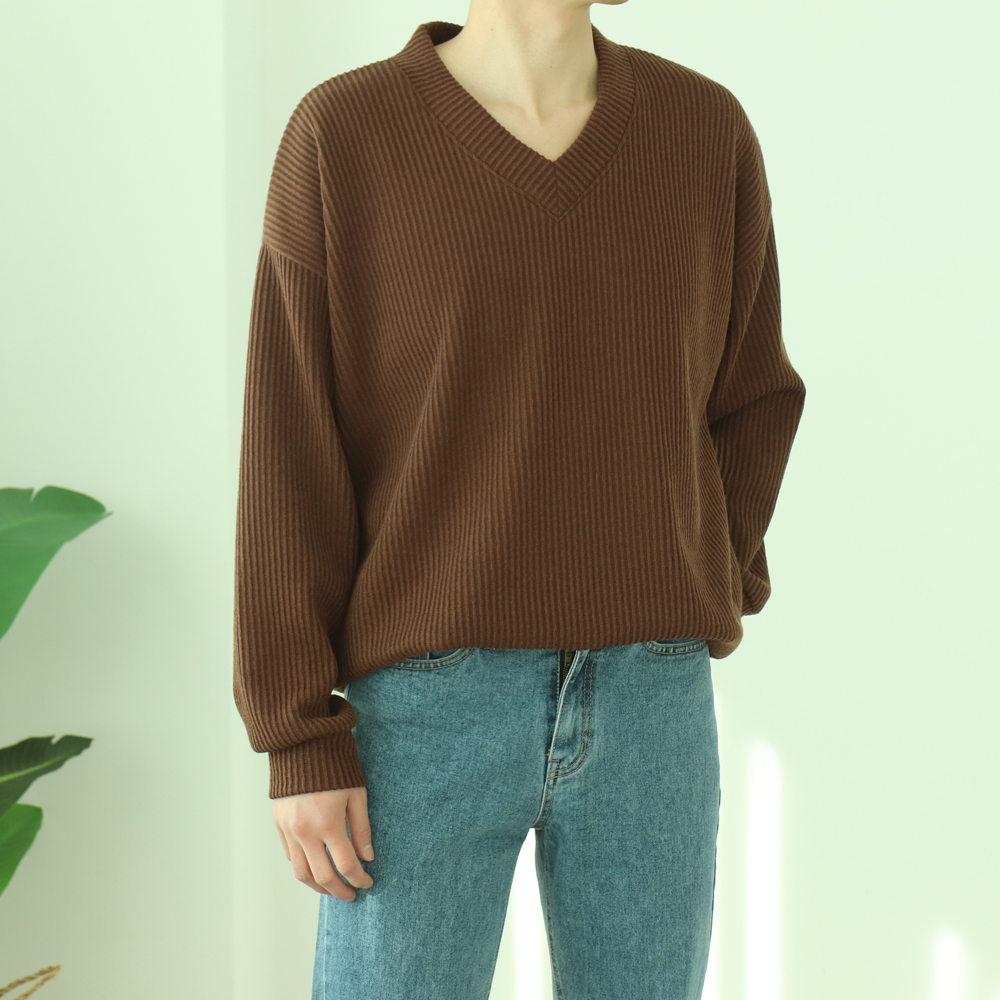 골지 오버핏 빅사이즈 시보리 스판 구김없는 링클프리 봄 가을 겨울 브이넥 니트맨투맨티셔츠 - 상세 이미지 5