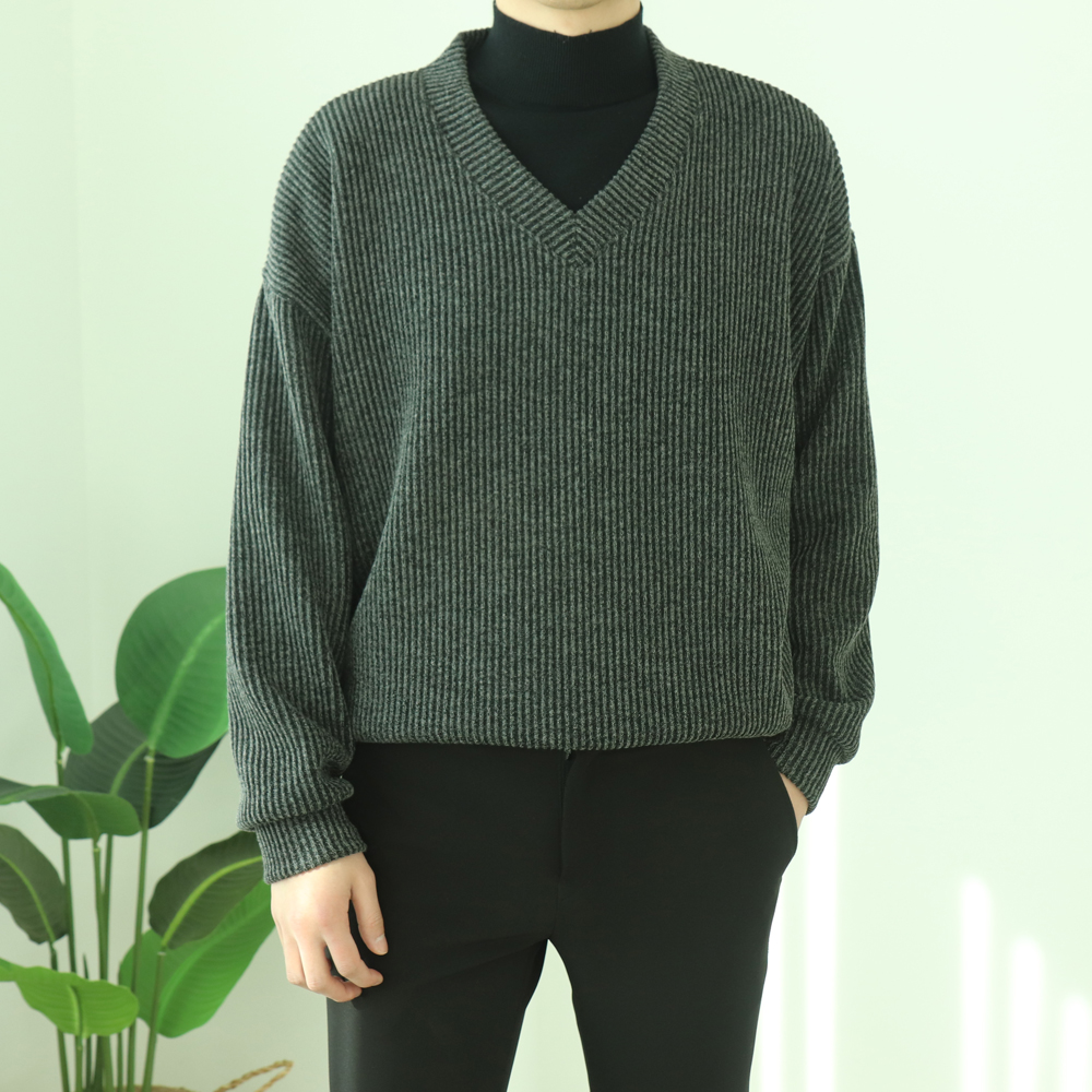 골지 오버핏 빅사이즈 시보리 스판 구김없는 링클프리 봄 가을 겨울 브이넥 니트맨투맨티셔츠 이미지 2