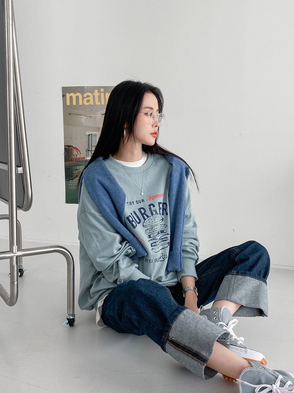 버거 나염 오버핏 박스 맨투맨 롱티셔츠 캐주얼 3컬러 이미지 4