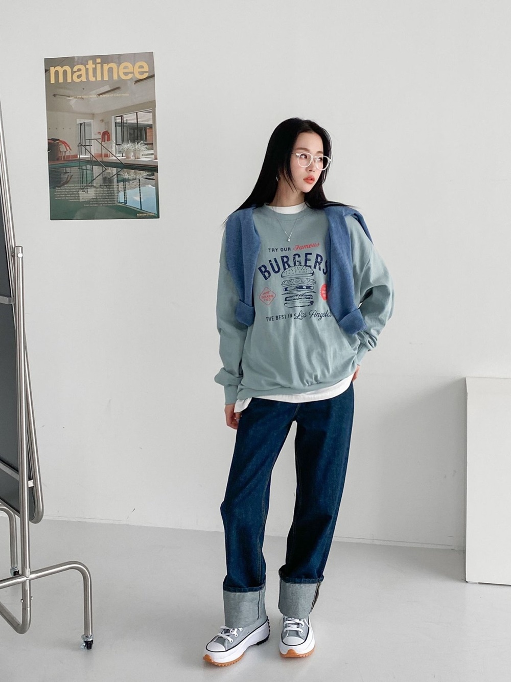 버거 나염 오버핏 박스 맨투맨 롱티셔츠 캐주얼 3컬러 이미지 2