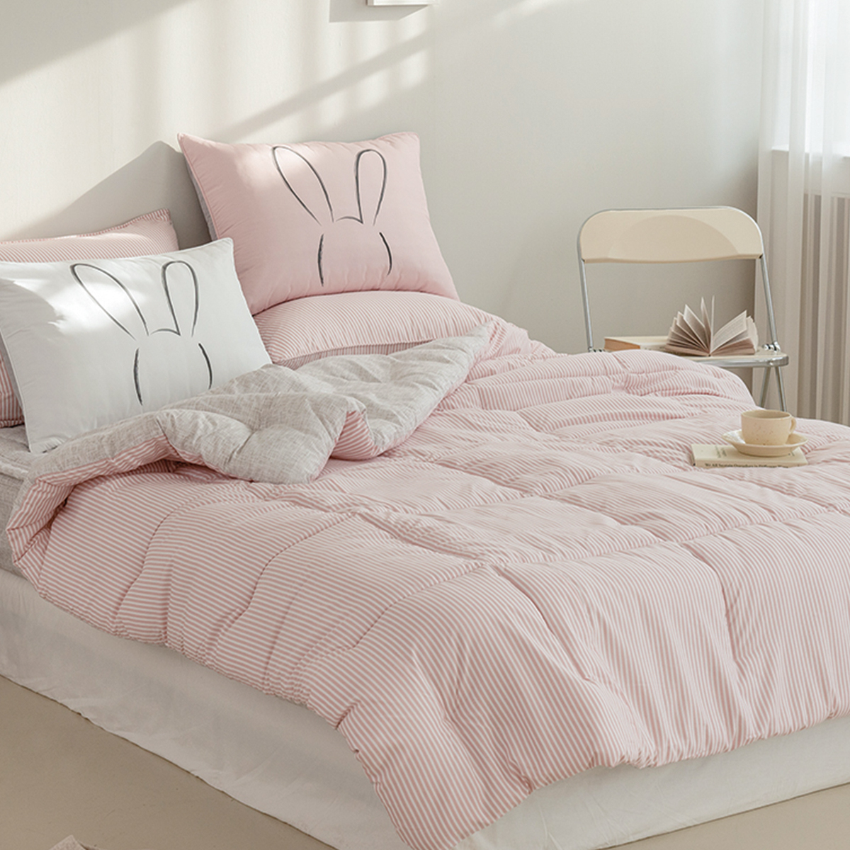 차렵이불 스트라이프 핑크 알러지케어 이불 사계절 먼지없는 침구 세트 Q