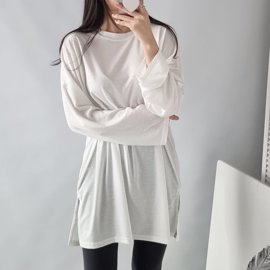 [당일발송] 실키 트임 롱 티셔츠 원피스기장 레깅스코디 총기장79 상세 이미지 4