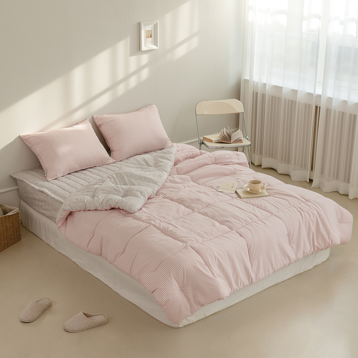 차렵이불 스트라이프 핑크 알러지케어 이불 사계절 먼지없는 침구 세트 Q