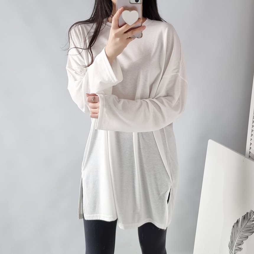 [당일발송] 실키 트임 롱 티셔츠 원피스기장 레깅스코디 총기장79 상세 이미지 7