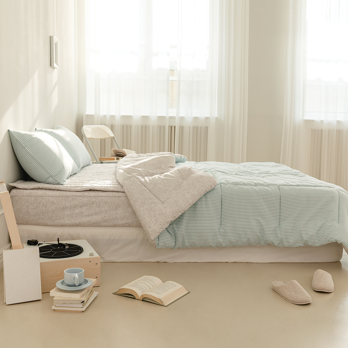 차렵이불 스트라이프 블루 알러지케어 이불 사계절 먼지없는 침구 세트 Q
