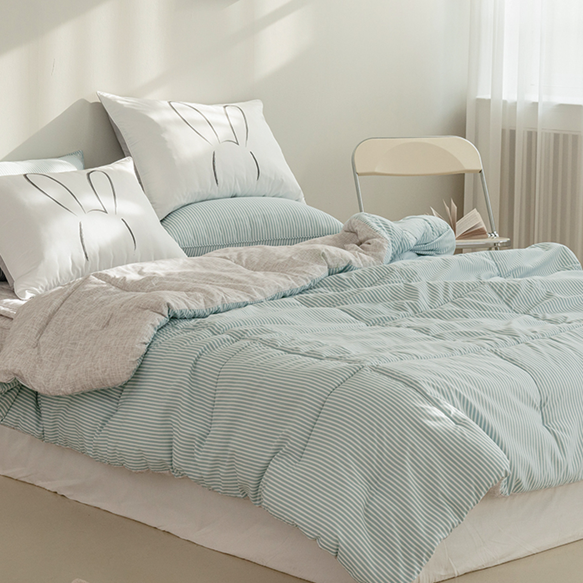 차렵이불 스트라이프 블루 알러지케어 이불 사계절 먼지없는 침구 세트 Q