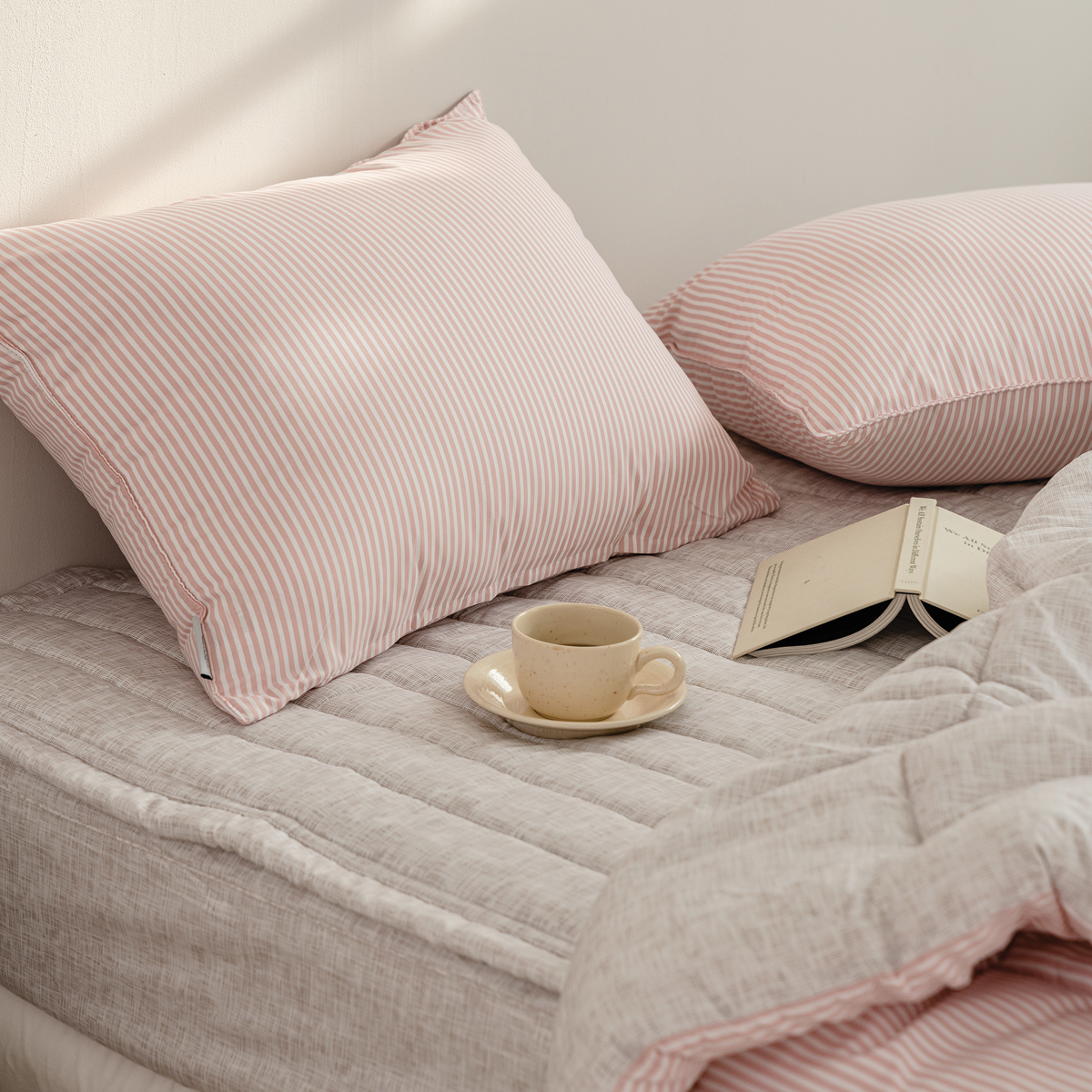 차렵이불 스트라이프 핑크 알러지케어 이불 사계절 먼지없는 침구 세트 Q