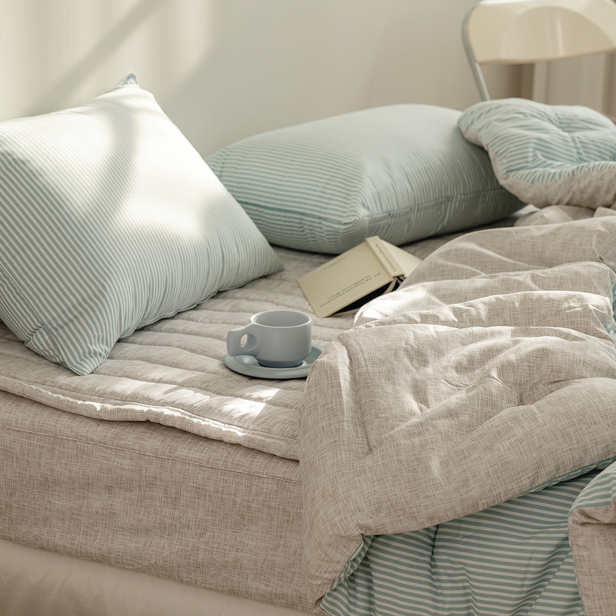 차렵이불 스트라이프 블루 알러지케어 이불 사계절 먼지없는 침구 세트 Q