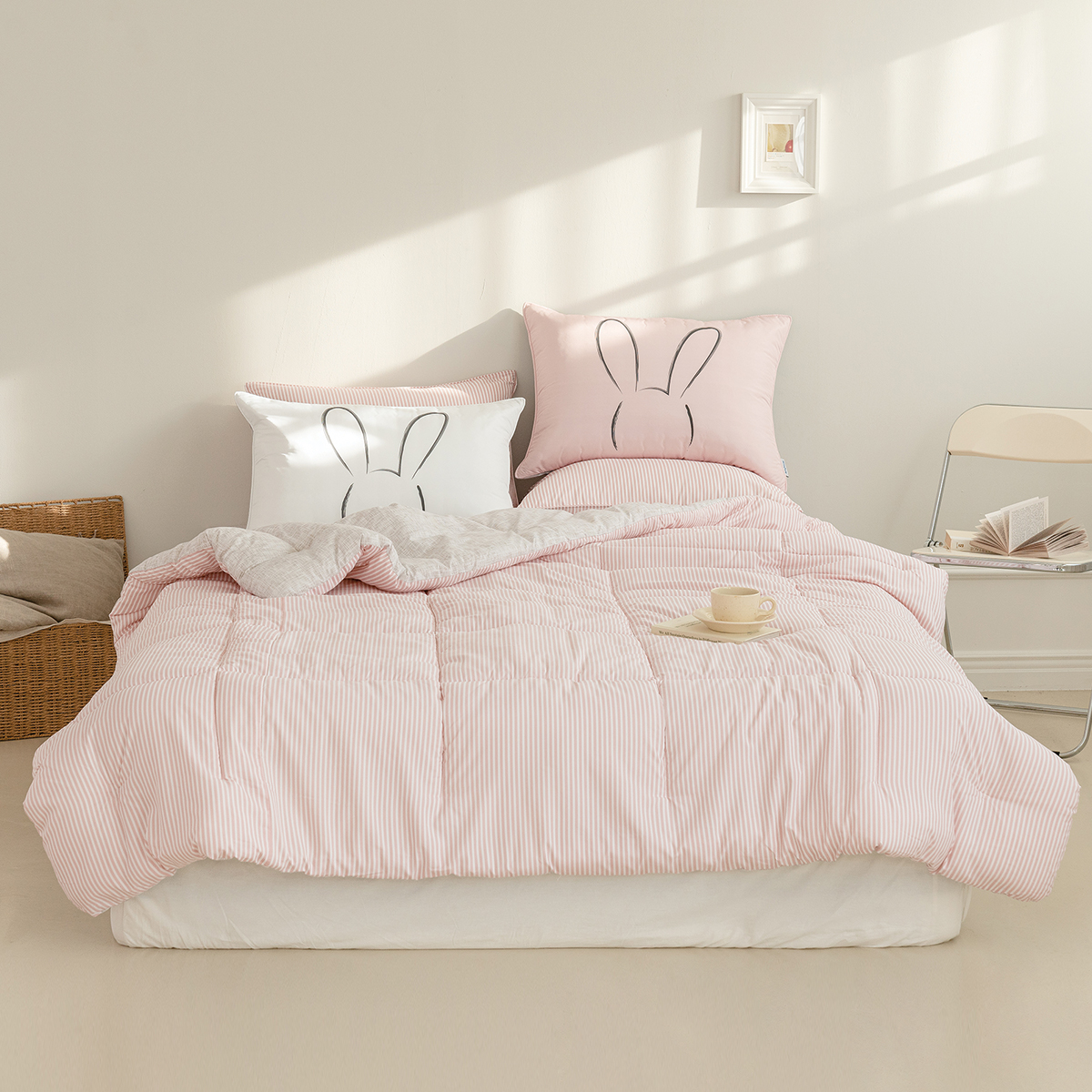 차렵이불 스트라이프 핑크 알러지케어 이불 사계절 먼지없는 침구 세트 Q