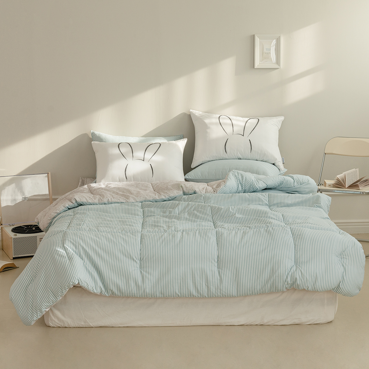 차렵이불 스트라이프 블루 알러지케어 이불 사계절 먼지없는 침구 세트 Q