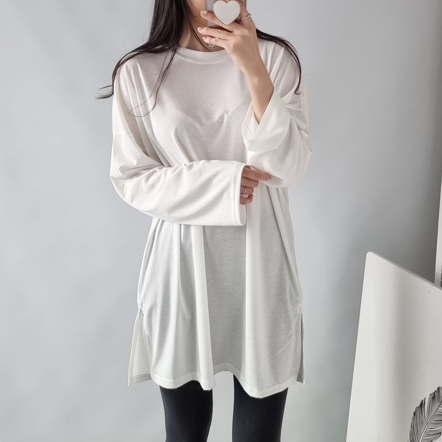 [당일발송] 실키 트임 롱 티셔츠 원피스기장 레깅스코디 총기장79 상세 이미지 1