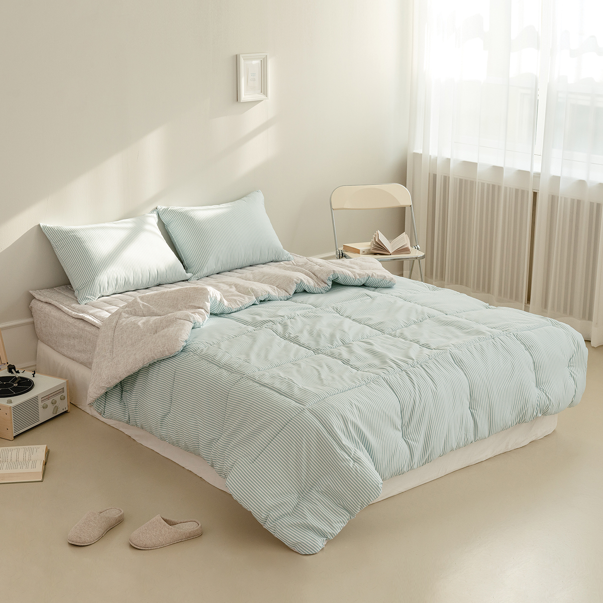 차렵이불 스트라이프 블루 알러지케어 이불 사계절 먼지없는 침구 세트 Q