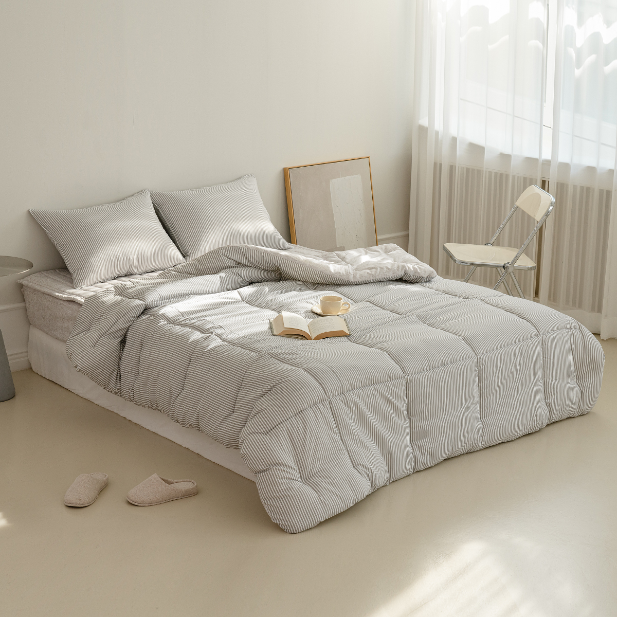 차렵이불 스트라이프 그레이 알러지케어 이불 사계절 먼지없는 침구 세트