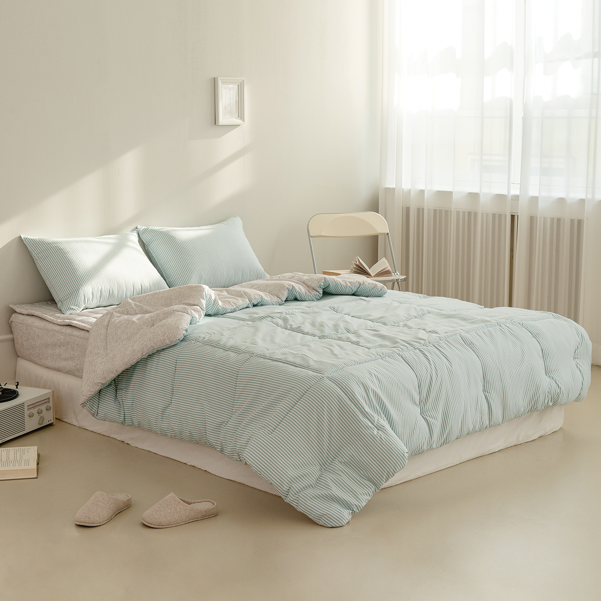 차렵이불 스트라이프 블루 알러지케어 이불 사계절 먼지없는 침구 세트 Q