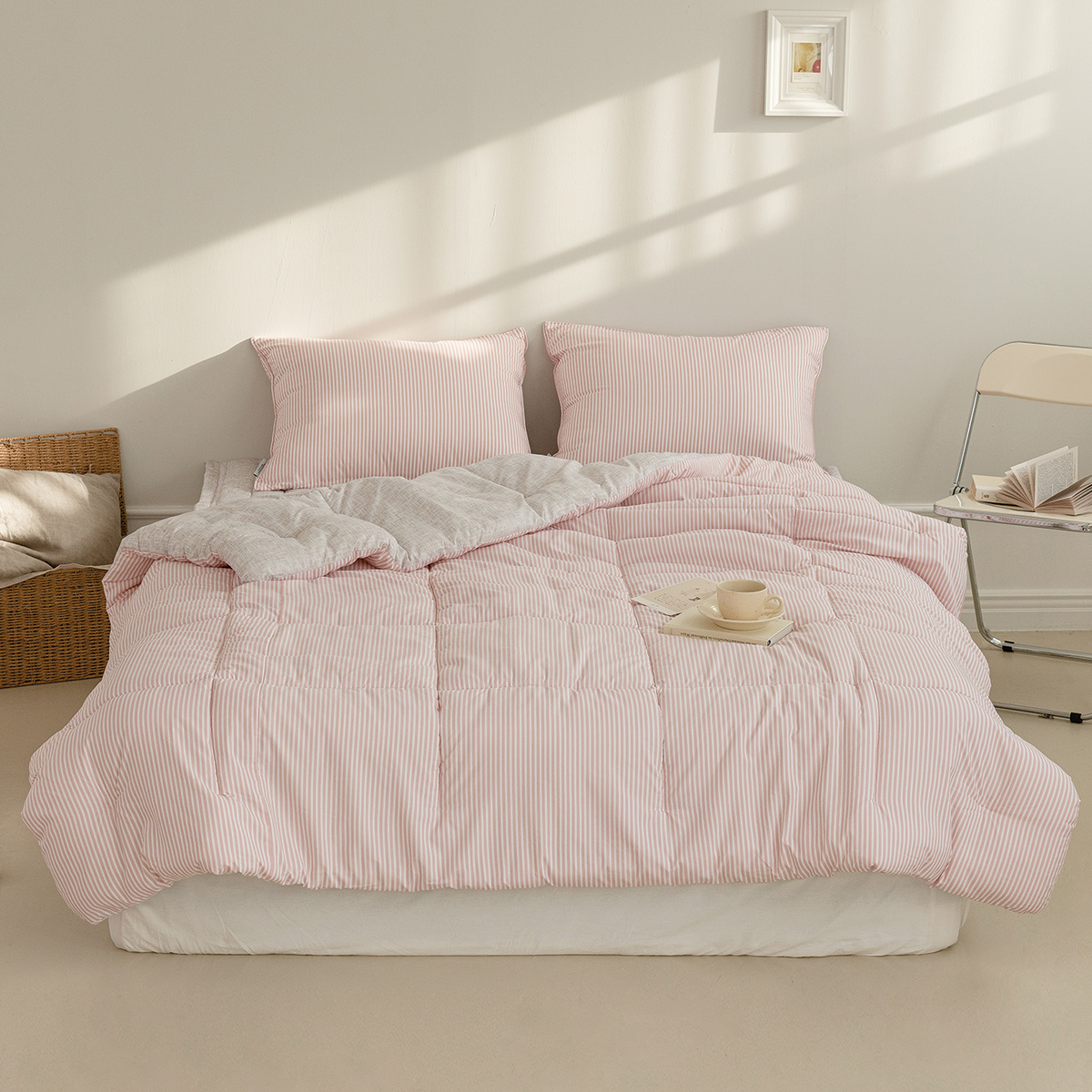차렵이불 스트라이프 핑크 알러지케어 이불 사계절 먼지없는 침구 세트 Q