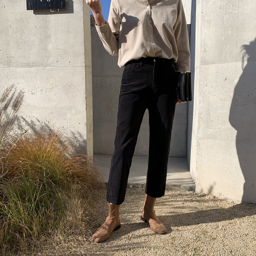 하이웨스트 밴딩 여자 코듀로이 팬츠 슬림핏 일자바지 골지 면바지 여성 가을 겨울팬츠 - 상세 이미지 3