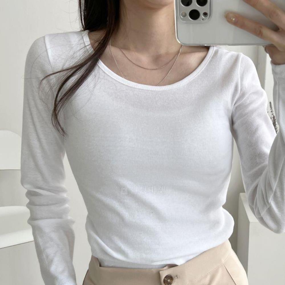옷자락 여자 라운드넥 무지 면티 긴팔 타이트 기본 티셔츠 - 상세 이미지 3