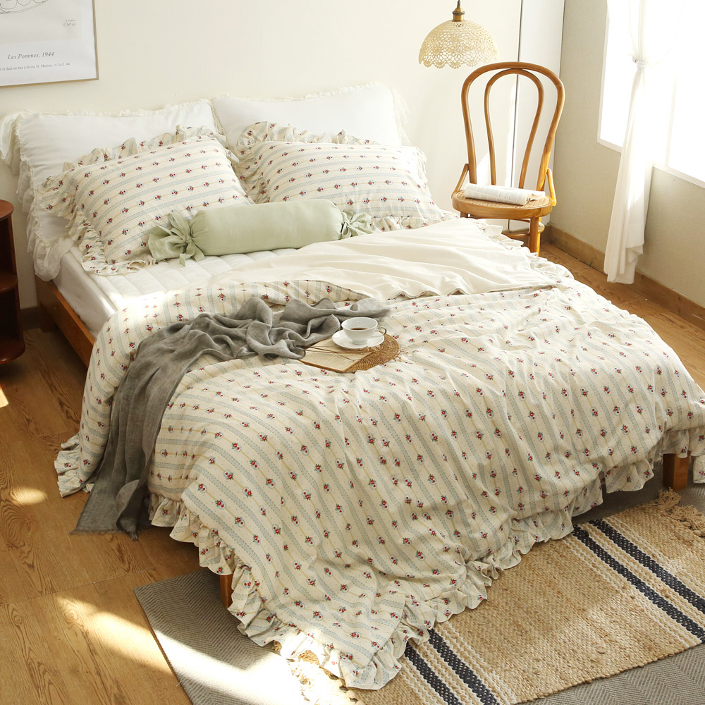 린넨 면 프릴 꽃이불 누빔 이불 커버 퀸 침구 세트