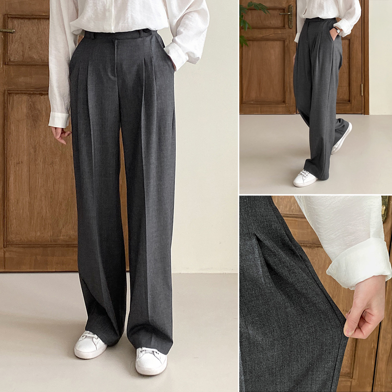 하이웨스트 와이드슬랙스 세미 핀턱 와이드팬츠 여자 슬랙스 가을 정장바지 통바지 차콜 그레이