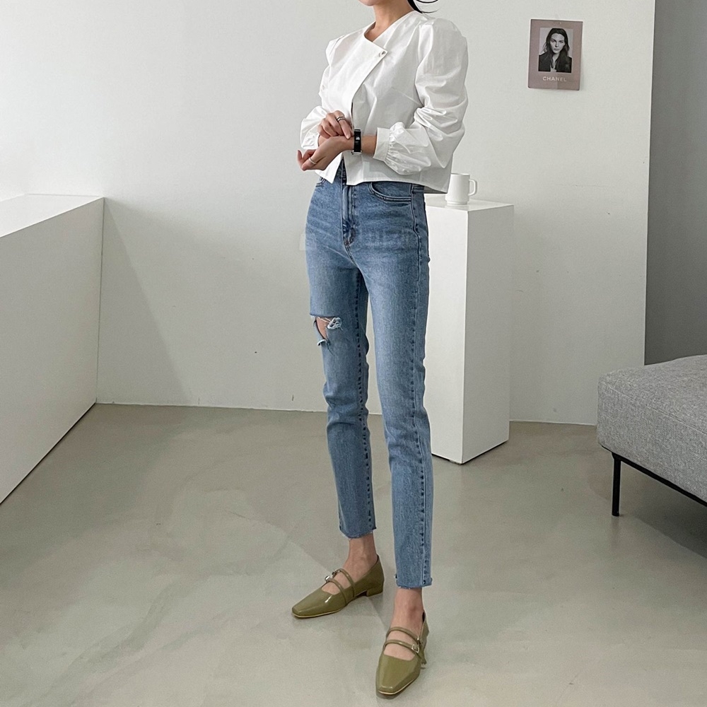 구제 찢청 하이웨스트 스판 슬림 일자 컷팅 9부 청바지 데님 팬츠 봄 빈티지 - 상품 이미지