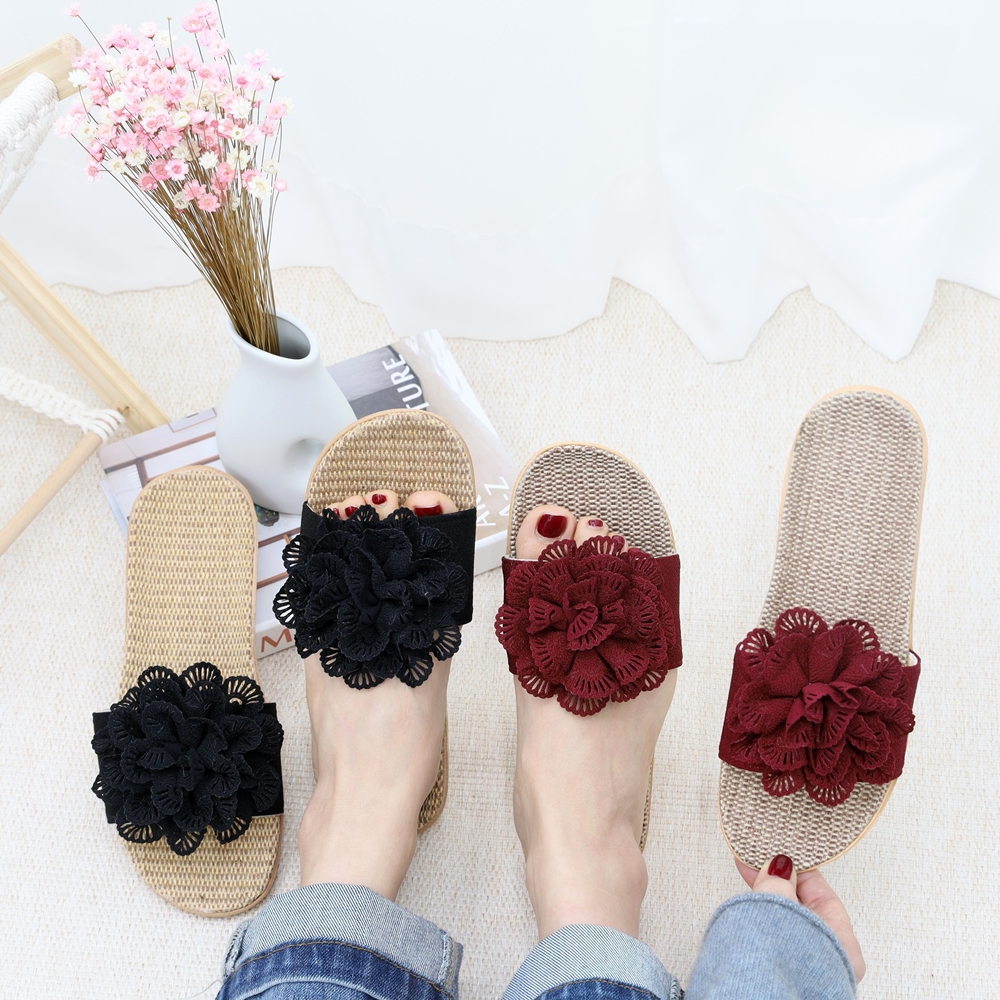 여성 여름슬리퍼 발편한 왕골 라탄 슬리퍼 실내화 코사지 포인트 레드