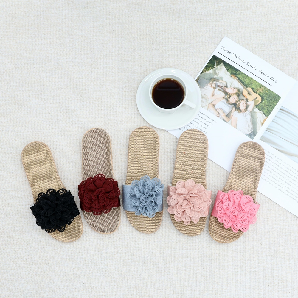 여성 여름슬리퍼 발편한 왕골 라탄 슬리퍼 실내화 코사지 포인트 레드