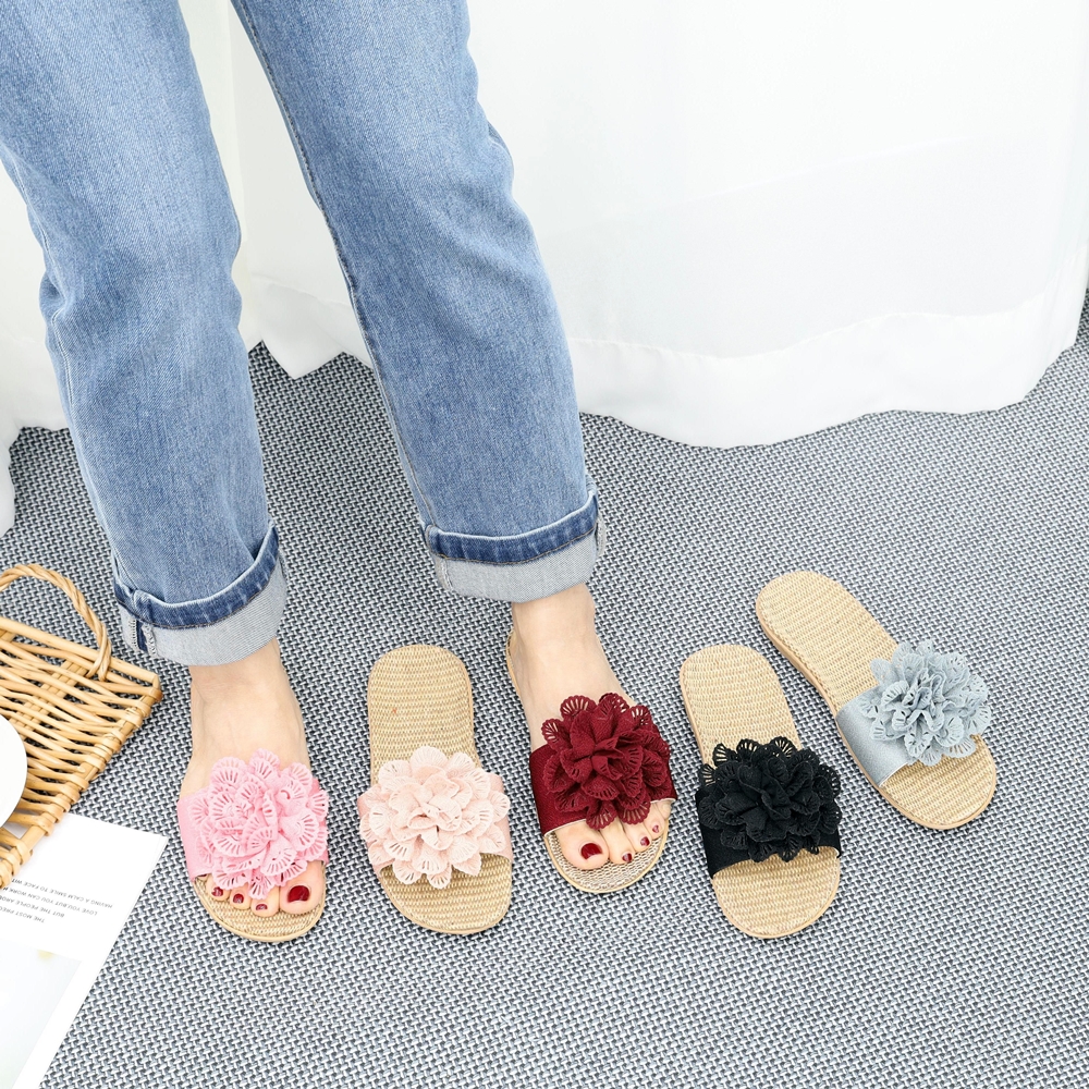 여성 여름슬리퍼 발편한 왕골 라탄 슬리퍼 실내화 코사지 포인트 레드