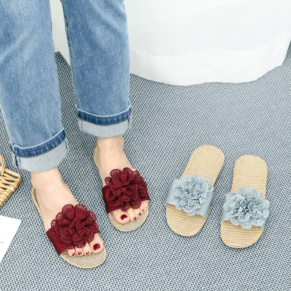 여성 여름슬리퍼 발편한 왕골 라탄 슬리퍼 실내화 코사지 포인트 레드