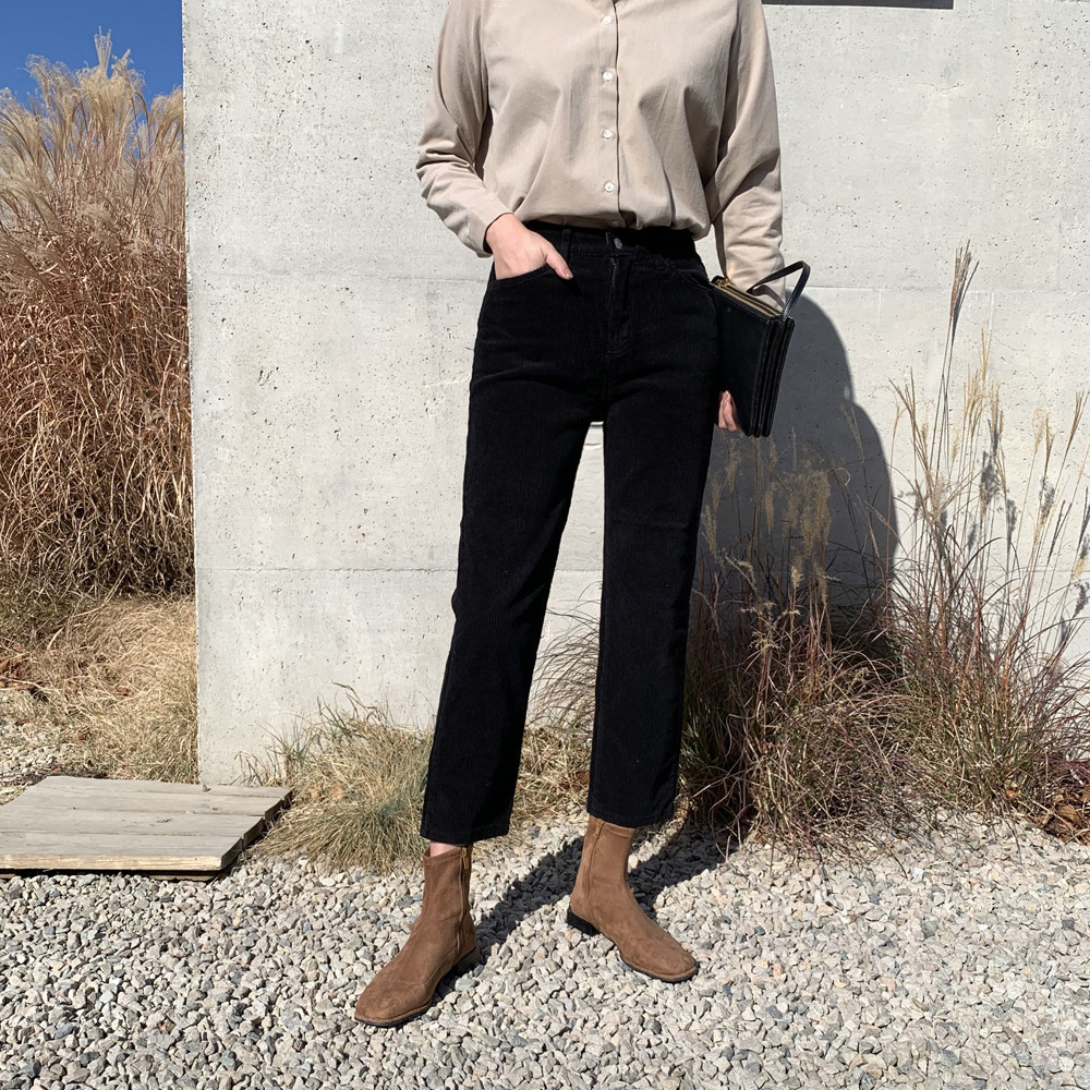 하이웨스트 밴딩 여자 코듀로이 팬츠 슬림핏 일자바지 골지 면바지 여성 가을 겨울팬츠 - 상품 이미지