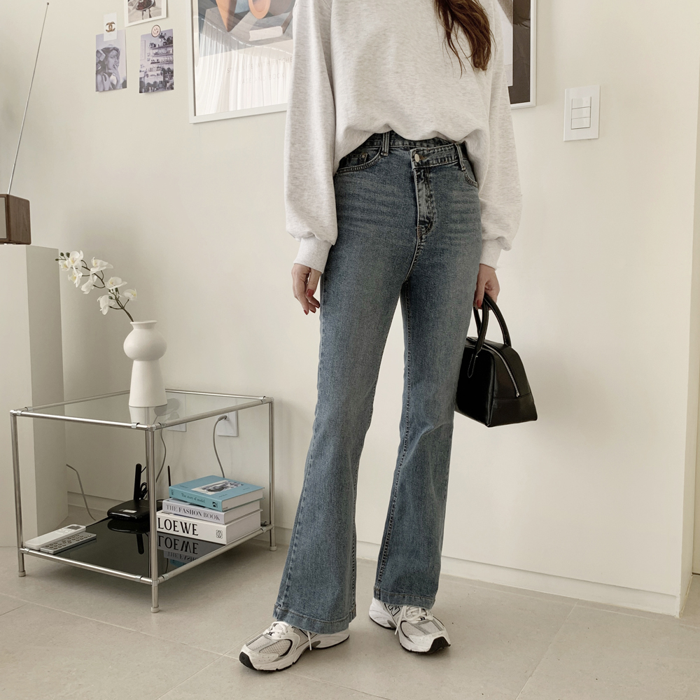 언발 버튼 슬림핏 하이웨스트진 세미 부츠컷청바지 여자 청바지 여성 와이드 데님팬츠 이미지 3