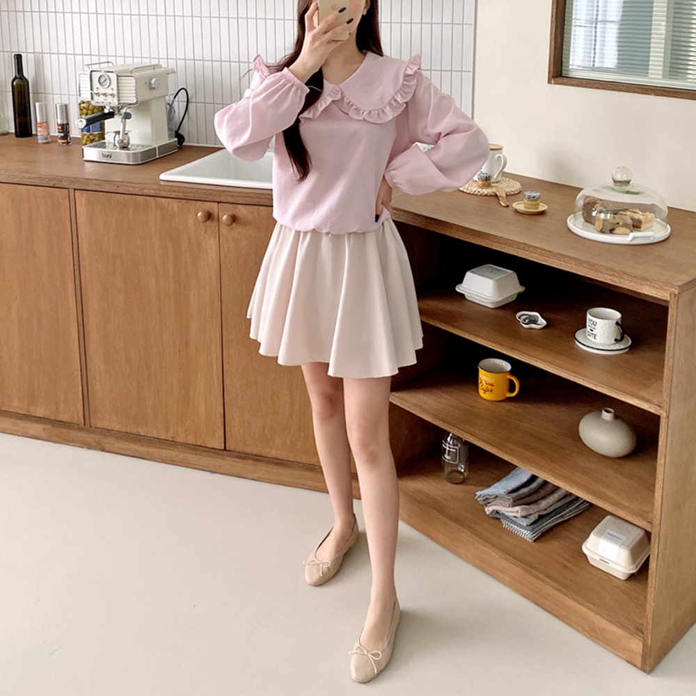 크롭블라우스 프릴 둥근카라 여성 셔링 퍼프 밴딩 블라우스 - 상세 이미지 2