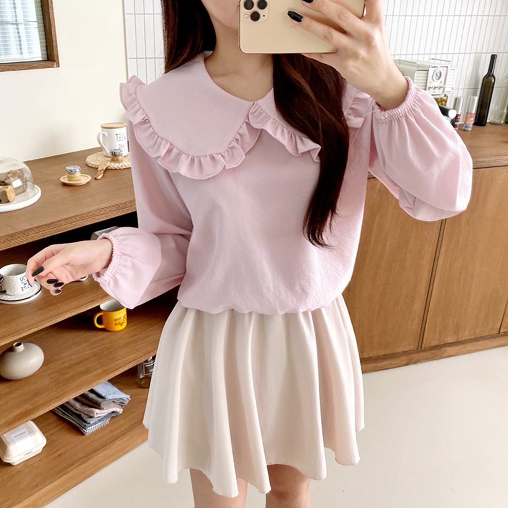 크롭블라우스 프릴 둥근카라 여성 셔링 퍼프 밴딩 블라우스 - 상세 이미지 3