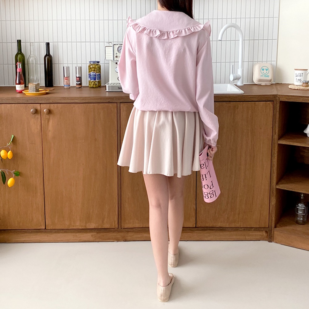 크롭블라우스 프릴 둥근카라 여성 셔링 퍼프 밴딩 블라우스 - 상세 이미지 4
