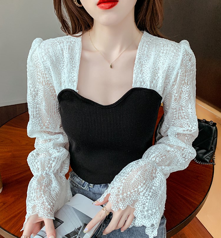 레이스 자수 바디골지 니트 배색 블라우스 여신핏 크롭블라우스 이미지 7