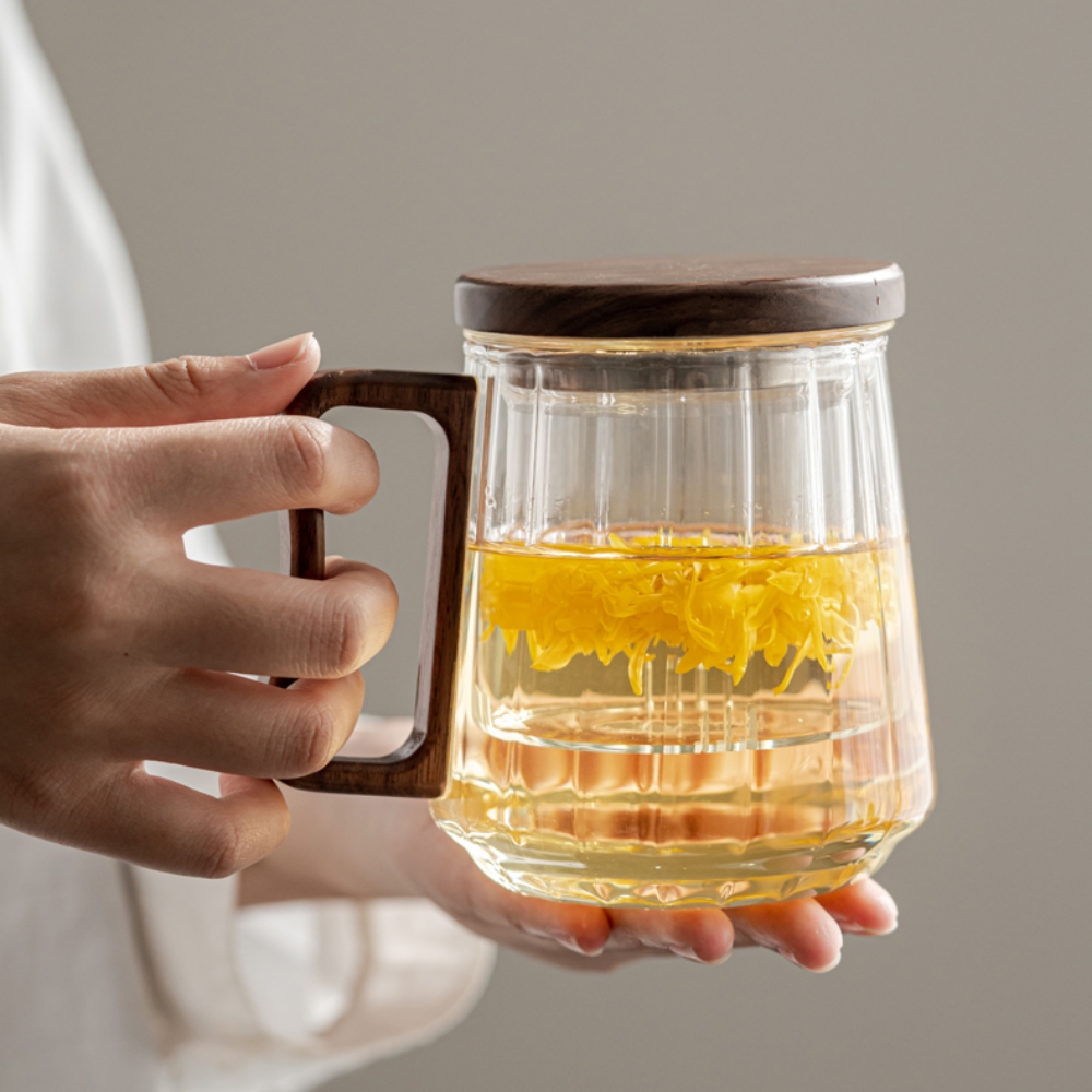 티머그 차우리는컵 차거름망 머그컵 내열유리 우드 뚜껑 펌킨 차그루