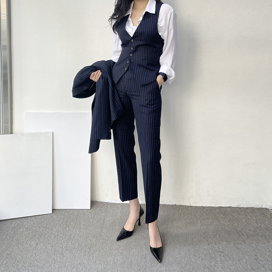 스트라이프 정장 조끼 베스트 ( 빅사이즈 쓰리피스 여성 수트 셋업 ) 상세 이미지 7