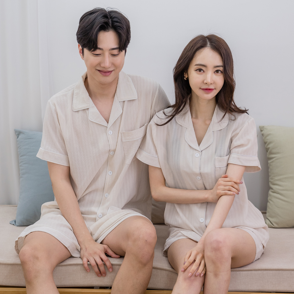 에이원 커플잠옷세트 레이온 카라 반팔 잠옷 파자마 홈웨어 - 상세 이미지 4