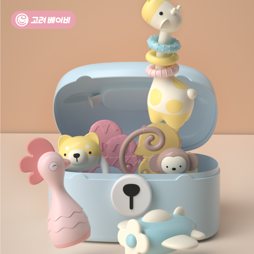 고려베이비 신생아 딸랑이 치발기 장난감 세트 아기 유아 백일 선물 동물 6종세트