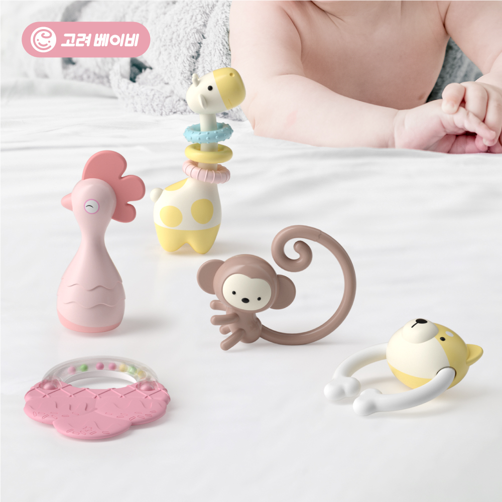 고려베이비 신생아 딸랑이 치발기 장난감 세트 아기 유아 백일 선물 동물 6종세트