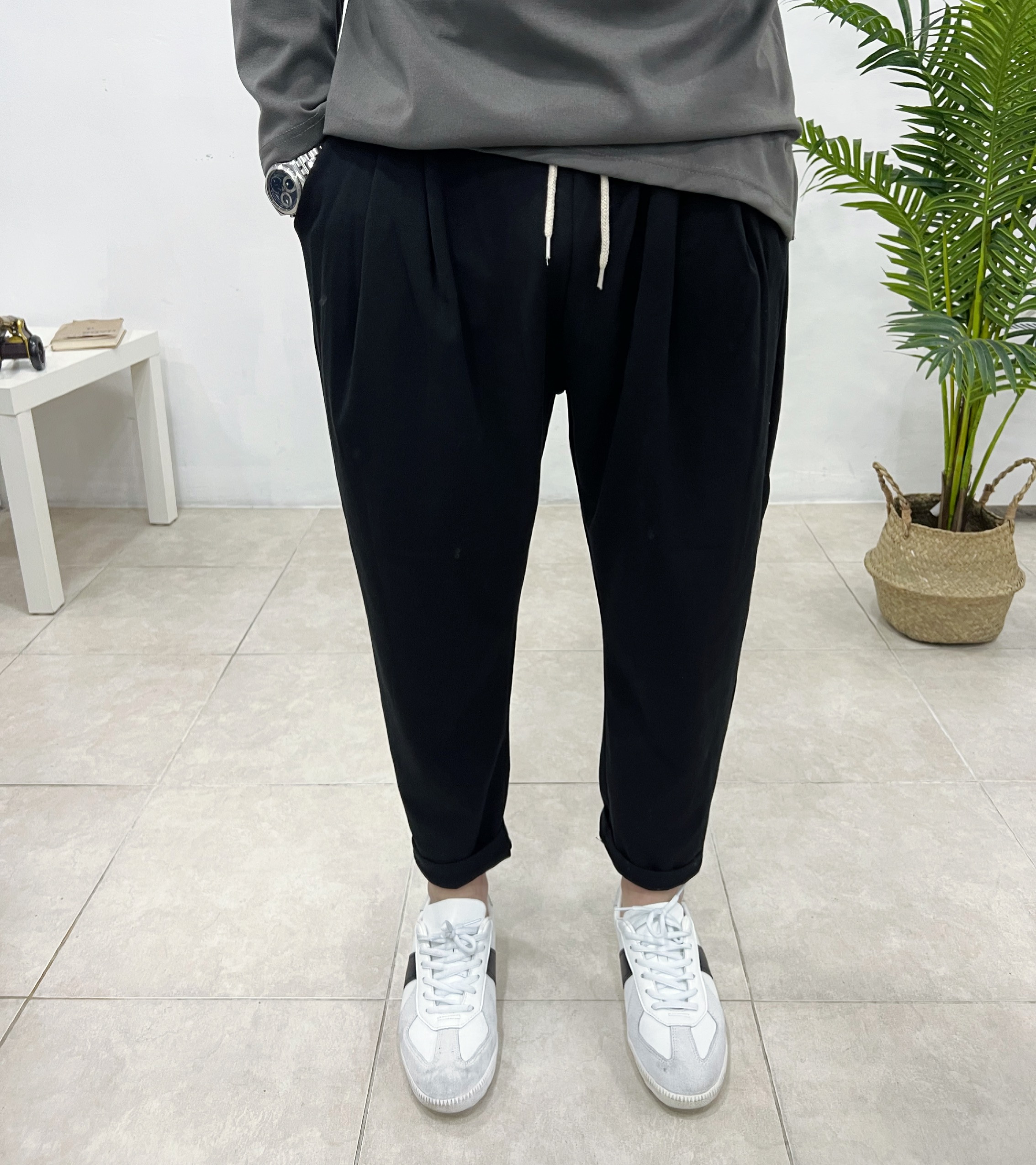 남자 바지 9부 밴딩 반배기 주름 분또 와이드 스판팬츠 - 상세 이미지 2