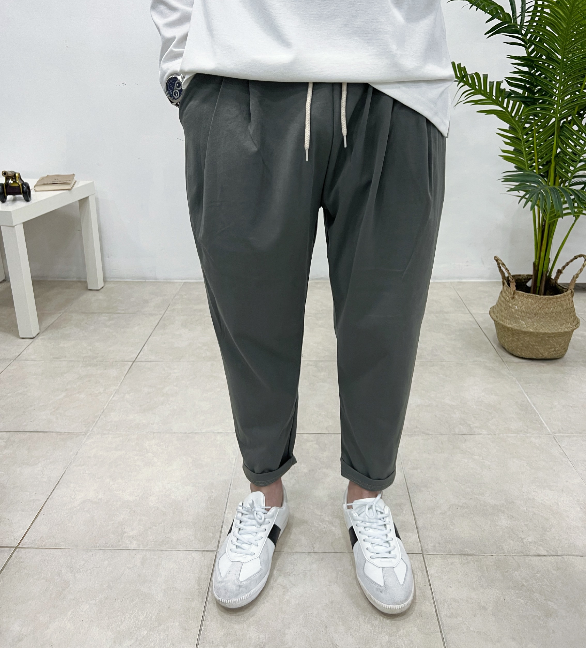 남자 바지 9부 밴딩 반배기 주름 분또 와이드 스판팬츠 - 상세 이미지 5