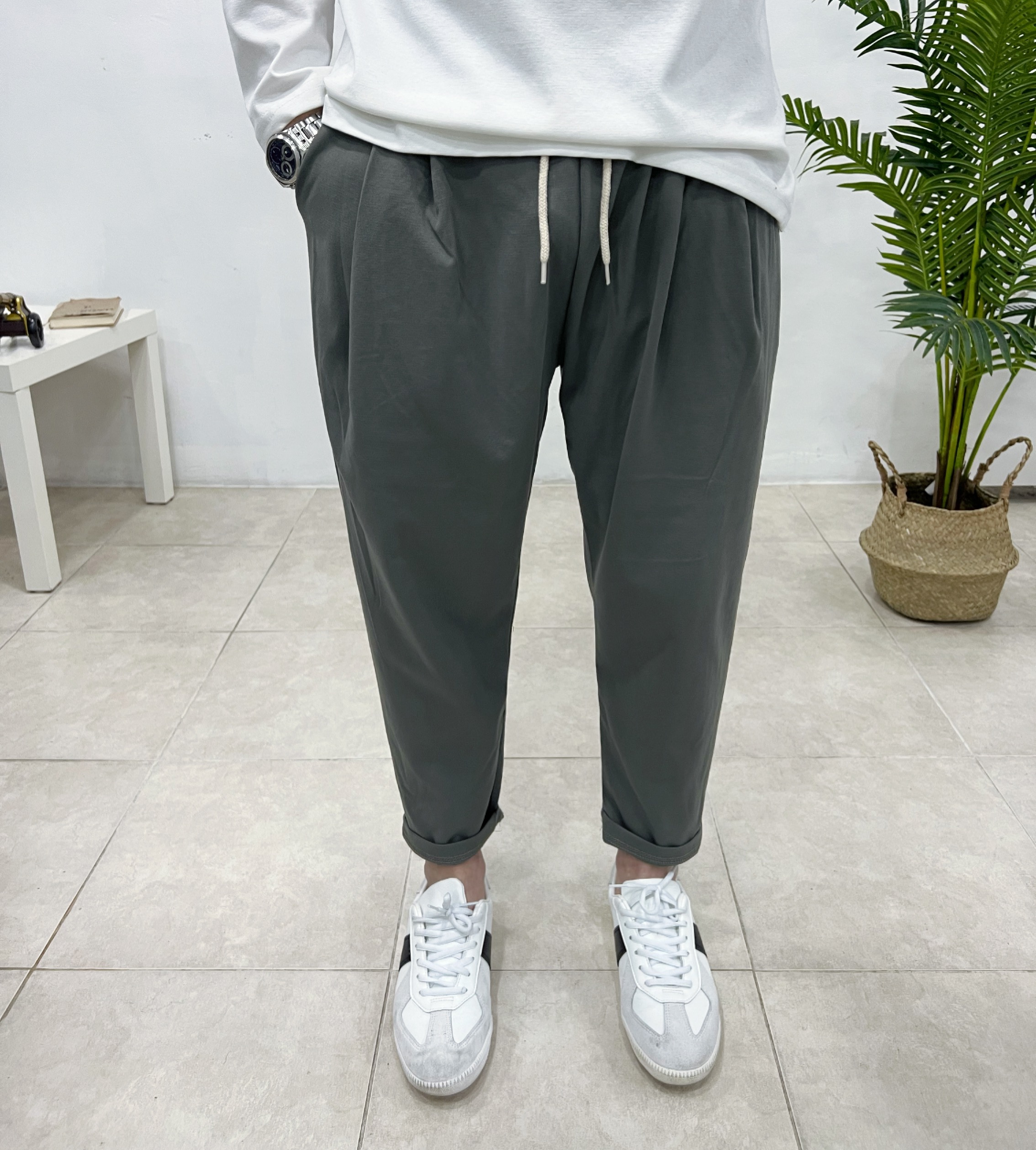 남자 바지 9부 밴딩 반배기 주름 분또 와이드 스판팬츠 - 상품 이미지