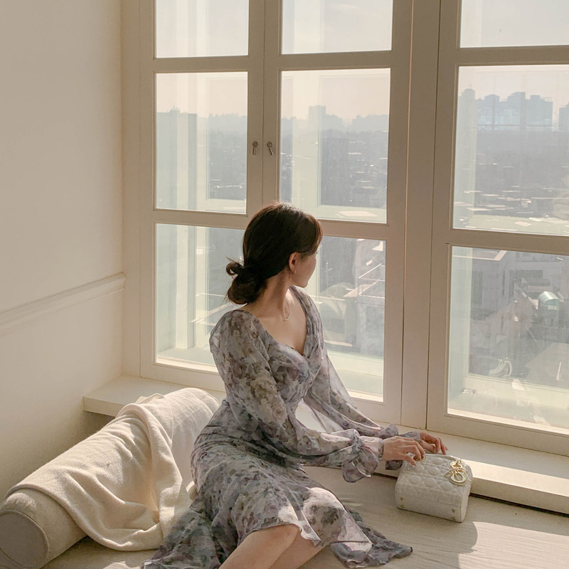 매혹적인 플라워 포인트 패턴의 랩디자인 요루 쉬폰 머메이드 롱 원피스 op13362 - 상세 이미지 2