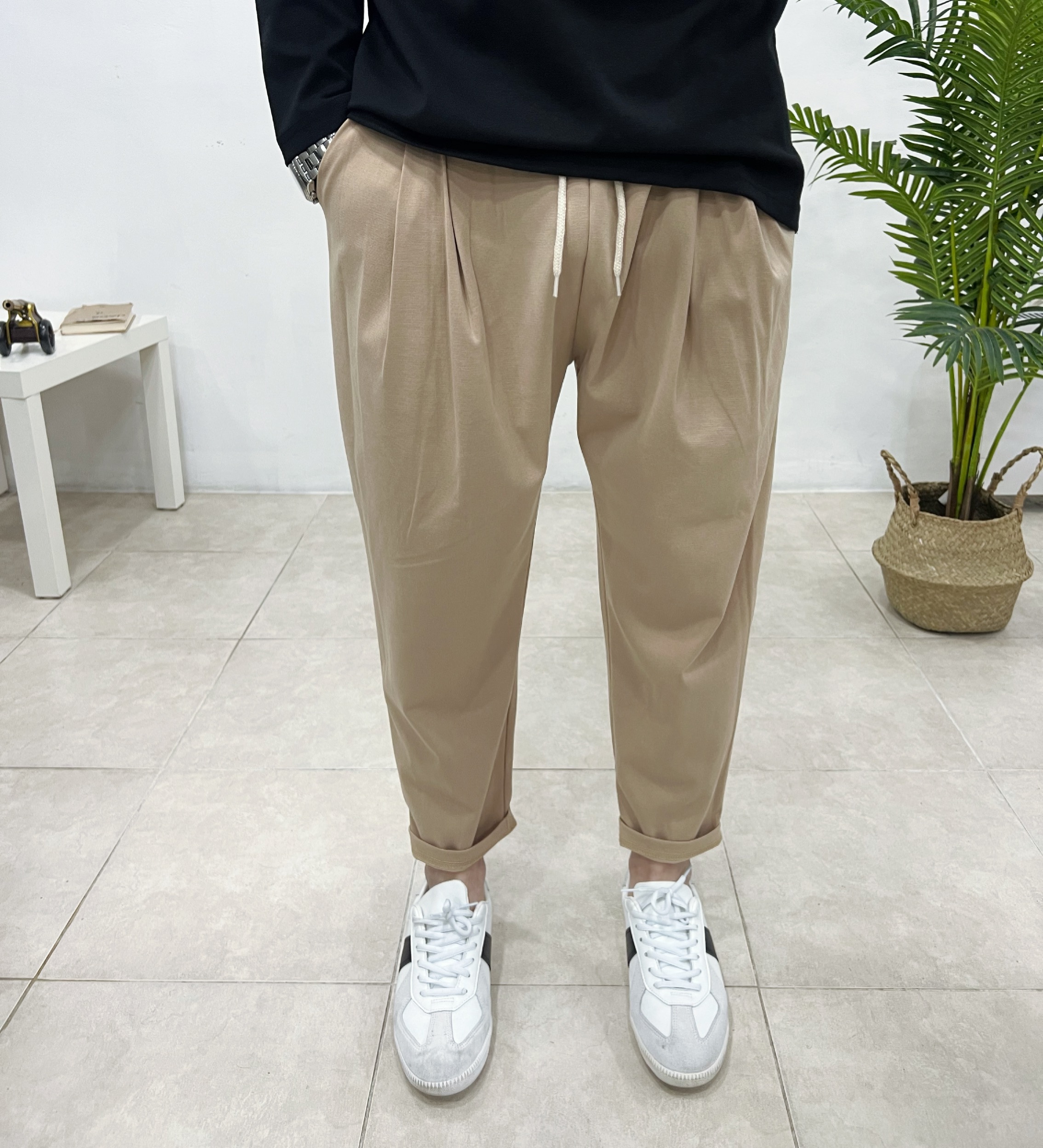 남자 바지 9부 밴딩 반배기 주름 분또 와이드 스판팬츠 - 상세 이미지 3