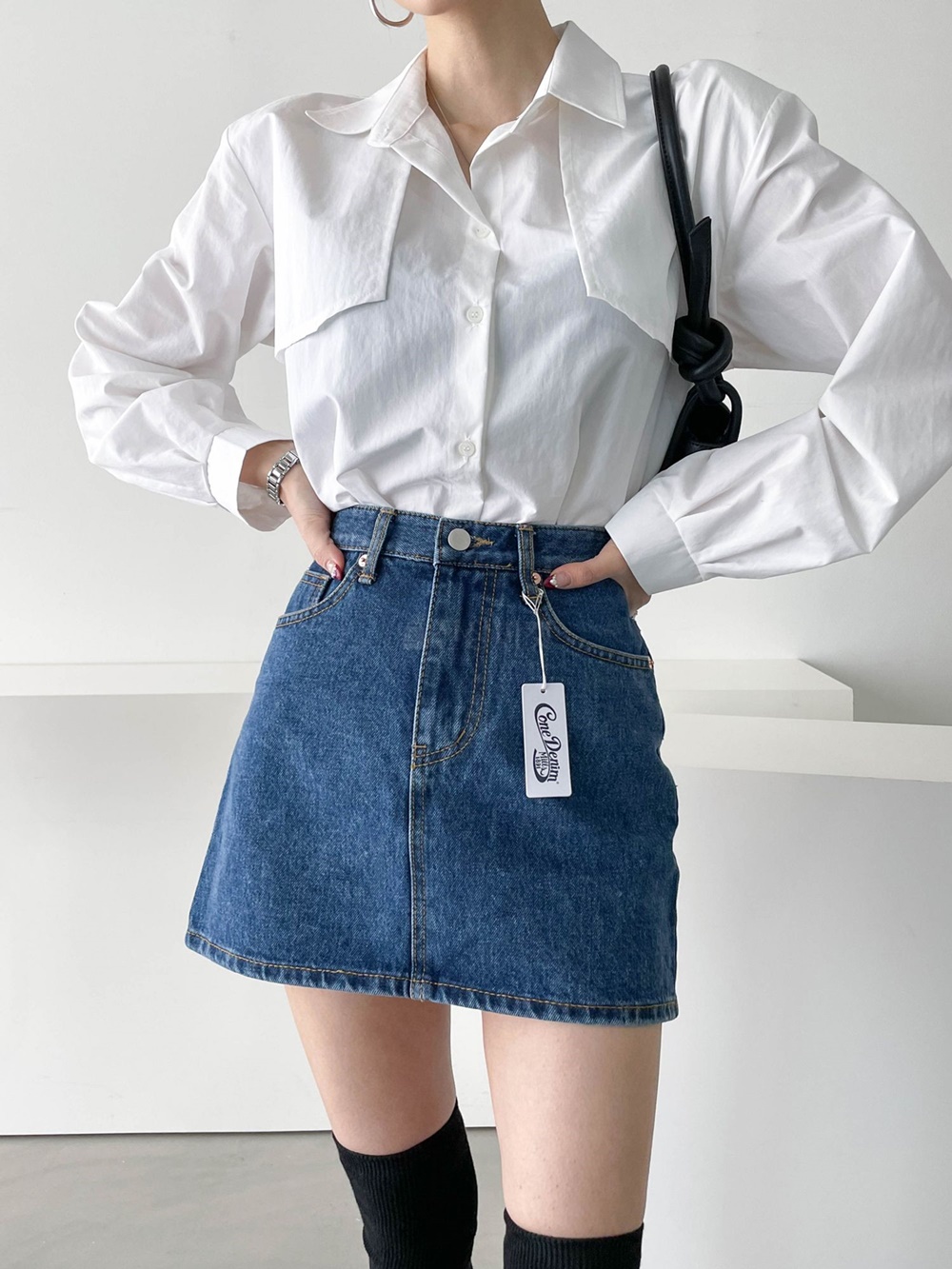 진청 흑청 콘데님 하이웨스트 미니 청 치마 이미지 3