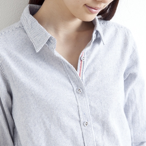 하마마스 봄 가을 스트라이프 블라우스 배색 카라 셔츠 미시옷