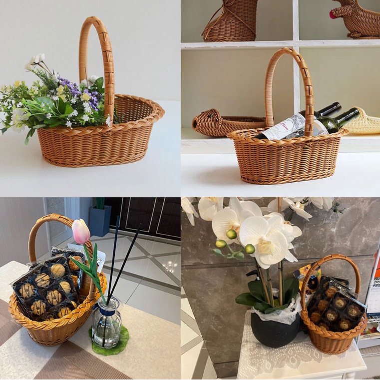 라틴 바구니 손잡이 라탄 바구니 피크닉 빵 바게트 바구니 소형