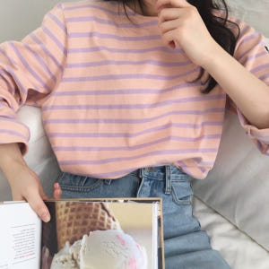 산뜻한 스트라이프 티셔츠 봄 여름 기본 루즈핏 여성 줄무늬 단가라 티(4... 착용 후기 | 사이즈/핏 총정리 - 상품 이미지 2