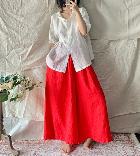 여성린넨와이드팬츠 밴딩 치마바지 시원한 린넨통바지