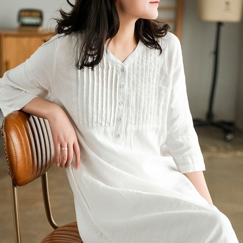여름 브이넥 핀턱 린넨원피스 40 50대여성의류 미시옷 엄마옷 - 상세 이미지 3